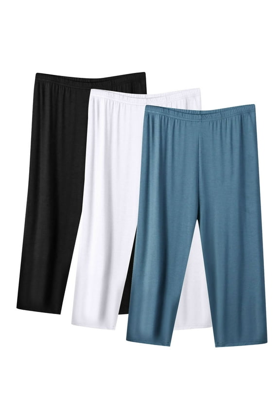 Capris for Women Casual Summer Straight Wide Leg Capris Comfy Fitting Sports Capris Solid Plus Size Capris 3 Pack