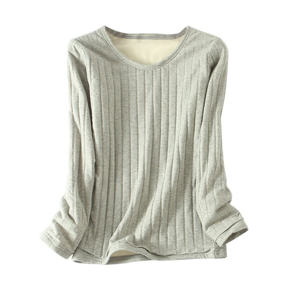 Ankola Cotton Baselayer for Women Fall Winter Fleece Lined Soft Pullover Tops Casual Long Sleeve Striped T-Shirt
