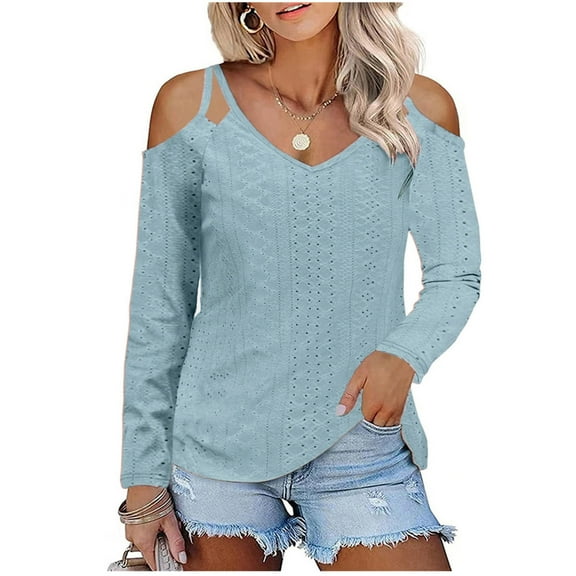 Ankola Eyelet Tops for Women Cold Shoulder Tops Long Sleeve Crochet Shirts Casual Loose V Neck Blouses Tops