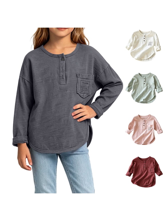 Girls Henley Neck Long Sleeve Tunic Top Kids Loose Curved‑Hem Pocket Blouse For 2‑13 Years