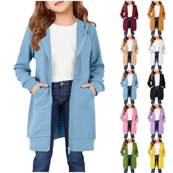 Ankola Girls Solid Color Hooded Zip Up Long Coat, Casual Pocket Sweatshirt Jacket for Teen Girls 5-14 Years