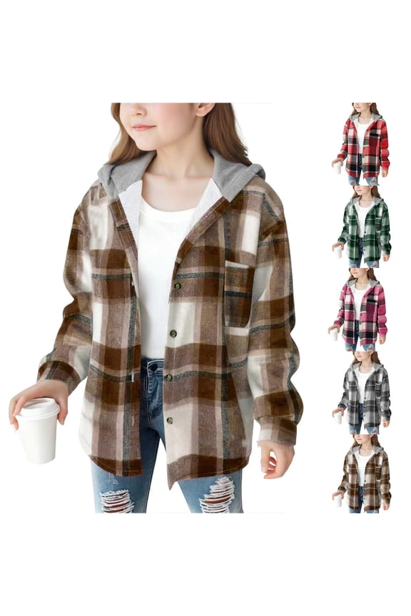 Kids Fleece Lined Plaid Hooded Shirt Jacket, Unisex Boys Girls Button Down Long Sleeve Warm Hooded Flannel Coat Preppy Fall Outerwear for Ages 4-15