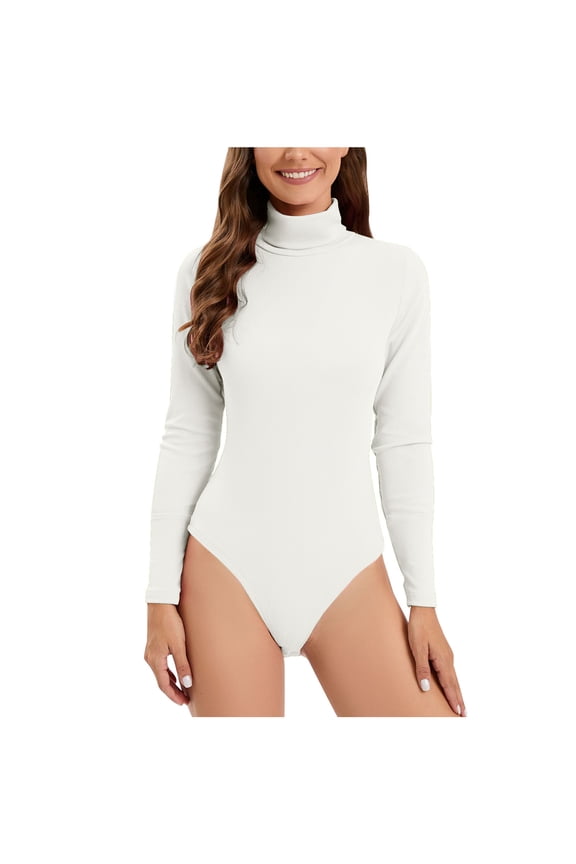 Long Sleeve Bodysuit for Women Turtleneck Seamless Stretchy Jumpsuits Summer Ribbed Knit Bodycon Tshirts Shapewear