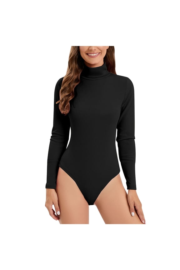 Long Sleeve Bodysuit for Women Turtleneck Seamless Stretchy Jumpsuits Summer Ribbed Knit Bodycon Tshirts Shapewear