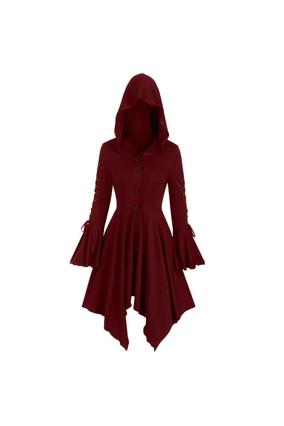 Medieval Cloak Hooded Dress for Women Renaissance Gothic High Low Shirt Dress Vintage Long Sleeve Steampunk Hoodie Dresses