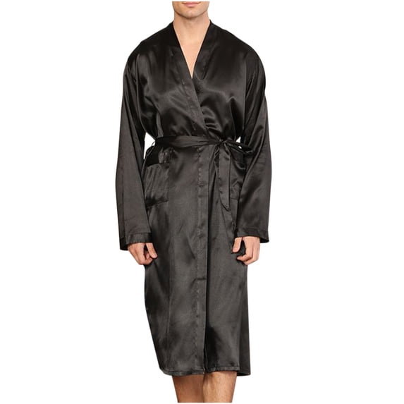 Ankola Men Solid Satin Robe & Long Pants 2Pcs Set Lapel Lace-up Pocket Home Loungewear Long Sleeve Pajama Suit