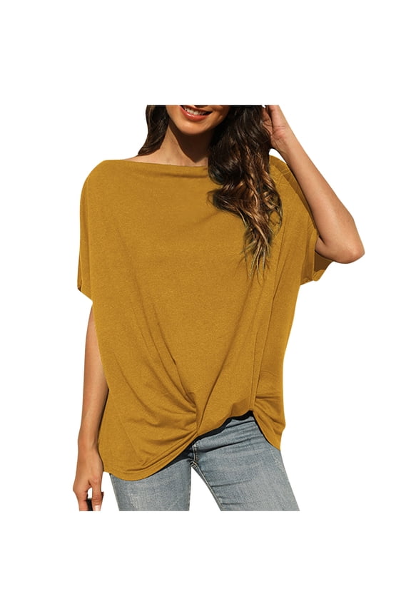 Off Shoulder Tops for Women Plus Size Fashion Tie Hem Crew Neck Tee Shirts Summer Casual Comfy Short Sleeve Blouses