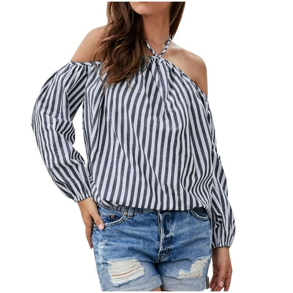 Ankola Off Shoulder Tops for Women Sexy Striped T Shirts Casual Long Sleeve Shirts Casual Loose Fit Lightweight Tees Blouses