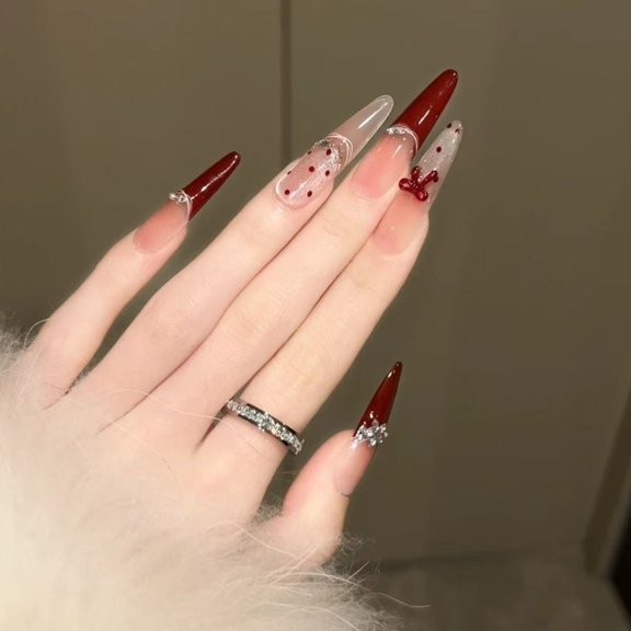 Ankola Red New Year's Cat's Eye French Red Nail Art Temperament Polka Dot Advanced White Shining Pure Handmade Wear
