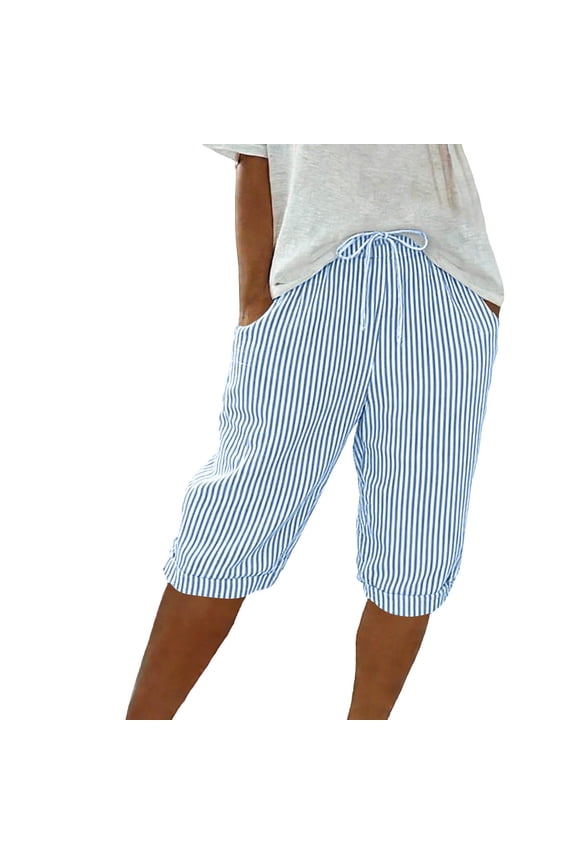Striped Bermuda Shorts for Women Knee-Length Elastic Waist Drawstring Baggy Casual Shorts with Pockets
