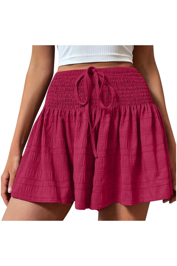Summer Shorts for Women 2024 Drawstring Elastic High Waisted Pleated Ruffle Mini Skirts Beach Vacation Flowy Shorts Skorts