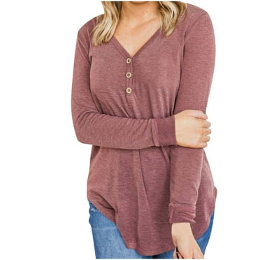 Ankola T-Shirt for Women Long Sleeve Pullover Tops Comfy Solid Color V-Neck Button Up Shirts Casual Loose Fit Sweatshirt