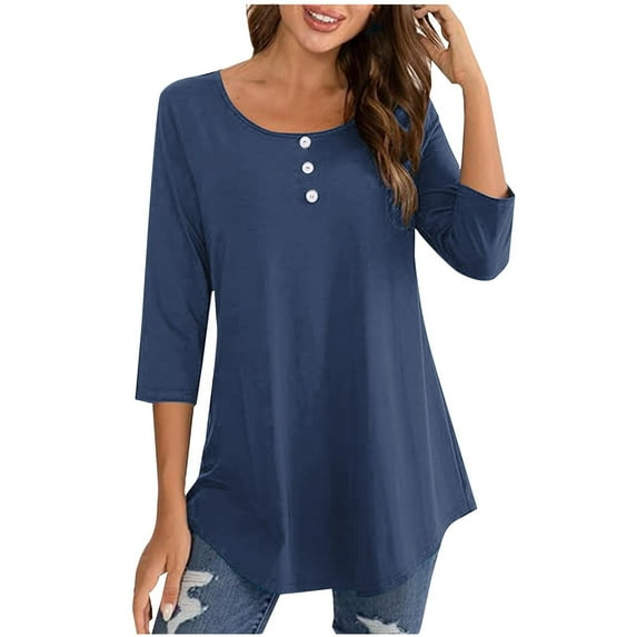 Ankola Tops for Womens 3/4 Sleeve Curved Hem Shirts Button Down Henley Neck T Shirts Tunic Casual Loose Fit Tees Dressy Blouse