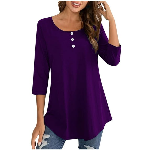 Ankola Tops for Womens 3/4 Sleeve Curved Hem Shirts Button Down Henley Neck T Shirts Tunic Casual Loose Fit Tees Dressy Blouse