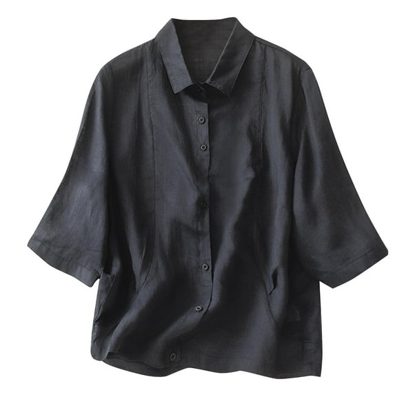 Ankola Women Cotton Linen Shirts Solid Color 3/4 Sleeves Button Down Tops Fall Lightweught Cardigan Blouse Tops with Pocket