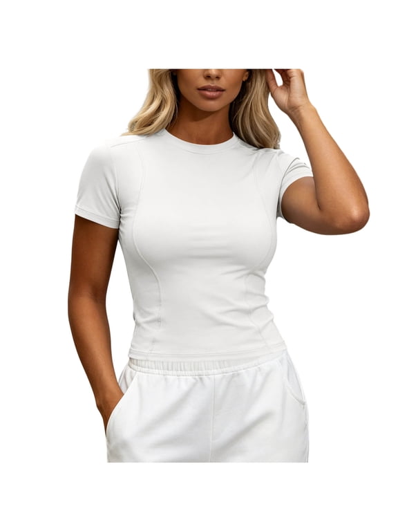 Women Elastic Workout Shirts Breathable Compression Quick Dry Gym Lightweight Basic Fitted Tops