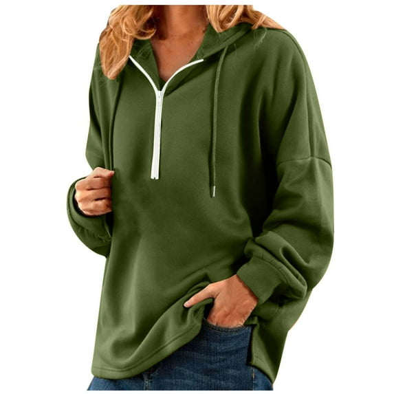Ankola Women Half Zip Hoodies Fall Lounge Long Sleeve Split Hem Sweatshirts Casual Loose Solid Drawstring Hooded Pullover