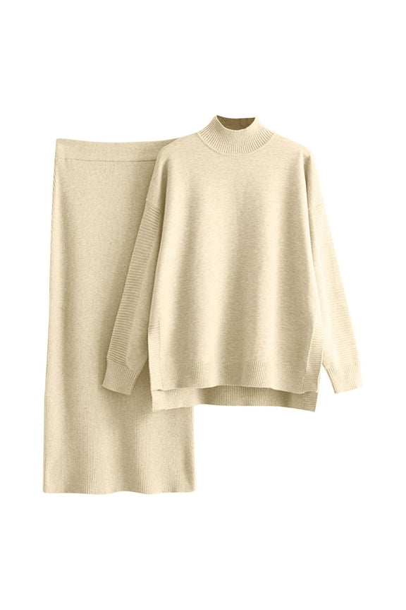 Women's 2 Piece Outfits Long Sleeve Side Slit Sweater Set High Neck Pullover Knit Tops with Midi Skirt Lounge Sets