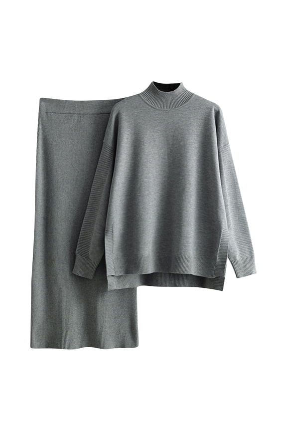 Women's 2 Piece Outfits Long Sleeve Side Slit Sweater Set High Neck Pullover Knit Tops with Midi Skirt Lounge Sets