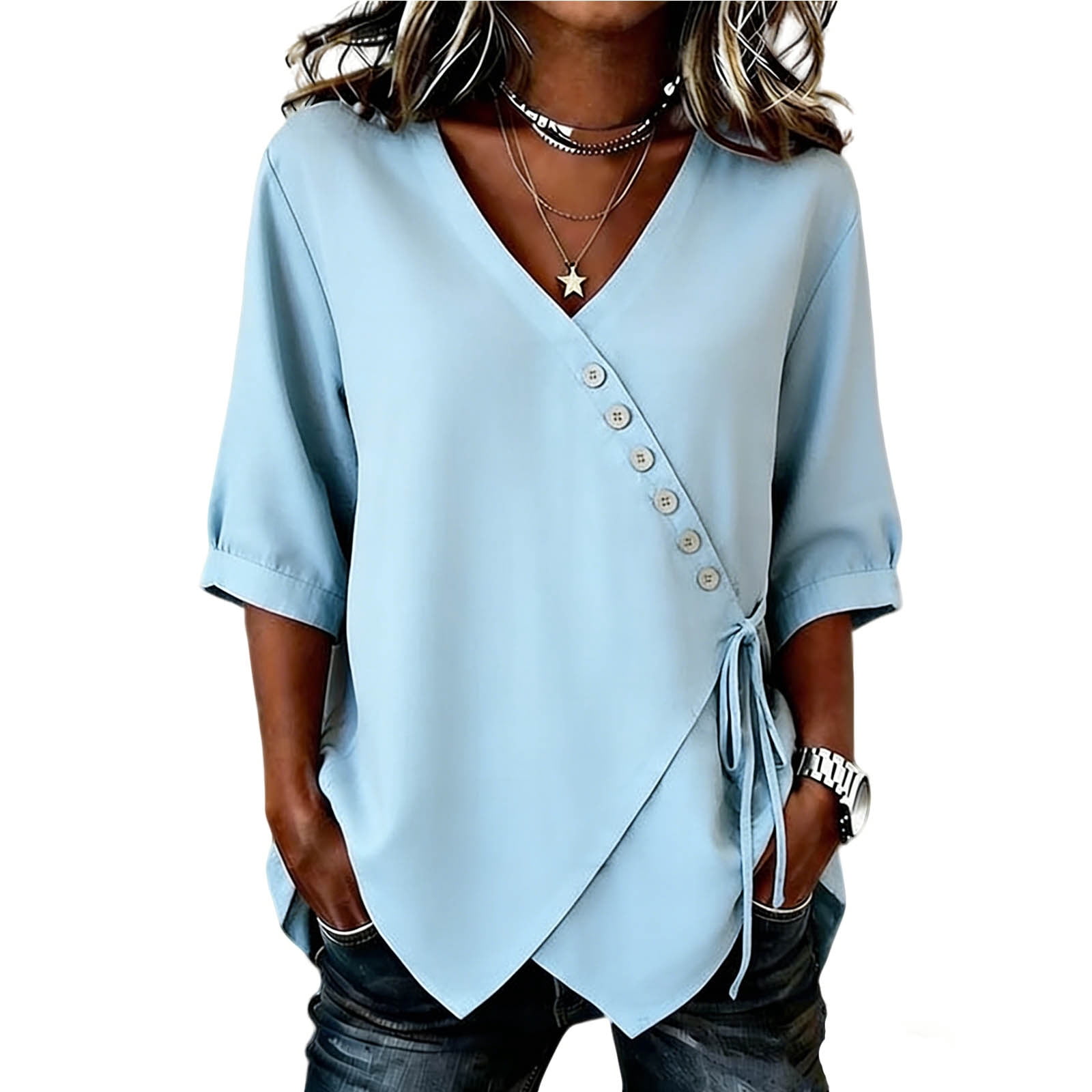 Ankola Women's Button V Neck Linen Tops 3/4 Sleeve Tie Knot Casual ...