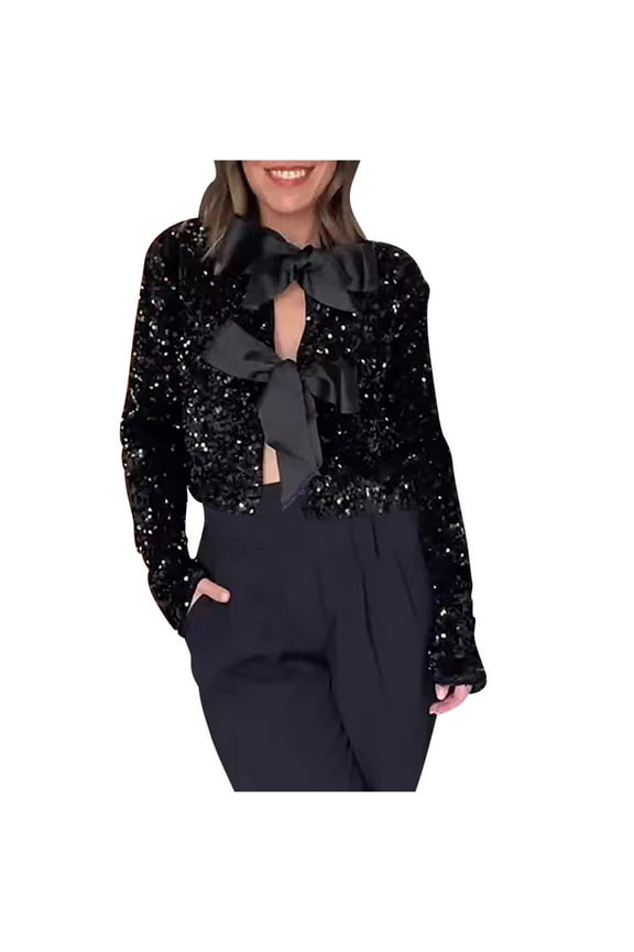 Women's Casual Sequin Jacket Long Sleeve Bow Open Front Crop Cargigan Coat Sparkly Glitter Crew Neck Party Tops
