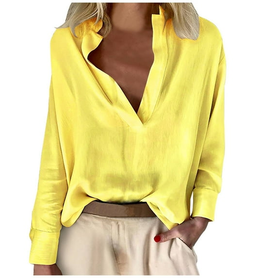 Ankola Women's Cotton Linen Tops Summer Long Sleeve Stand Collar Shirts Loose Fit Casual Deep V Neck Lightweight Top Tunic Blouse