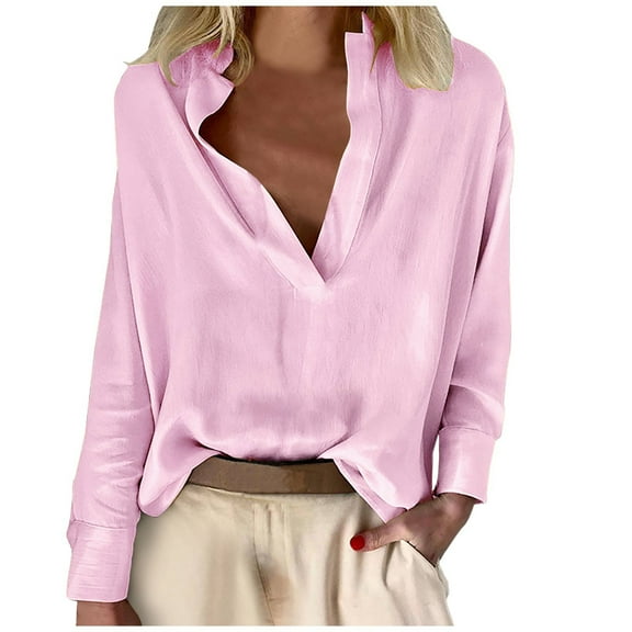 Ankola Women's Cotton Linen Tops Summer Long Sleeve Stand Collar Shirts Loose Fit Casual Deep V Neck Lightweight Top Tunic Blouse