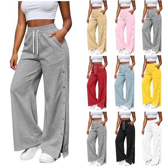 Ankola Women's High Waist Side Button Split Wide Leg Sweatpants Drawstring Casual Trousers With Pockets