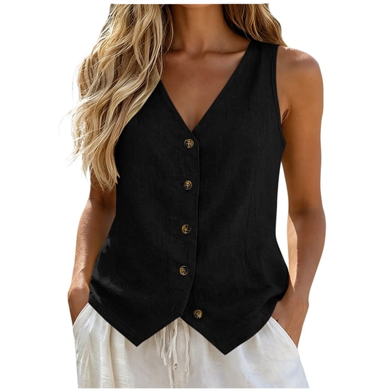Ankola Women's Linen Vest V Neck Button Down Business Work Vacation Sleeveless Blazer Waistcoat Jacket