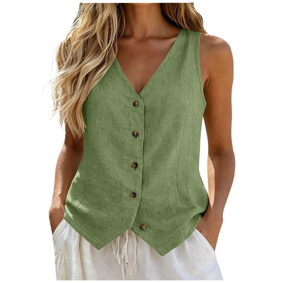 Ankola Women's Linen Vest V Neck Button Down Business Work Vacation Sleeveless Blazer Waistcoat Jacket