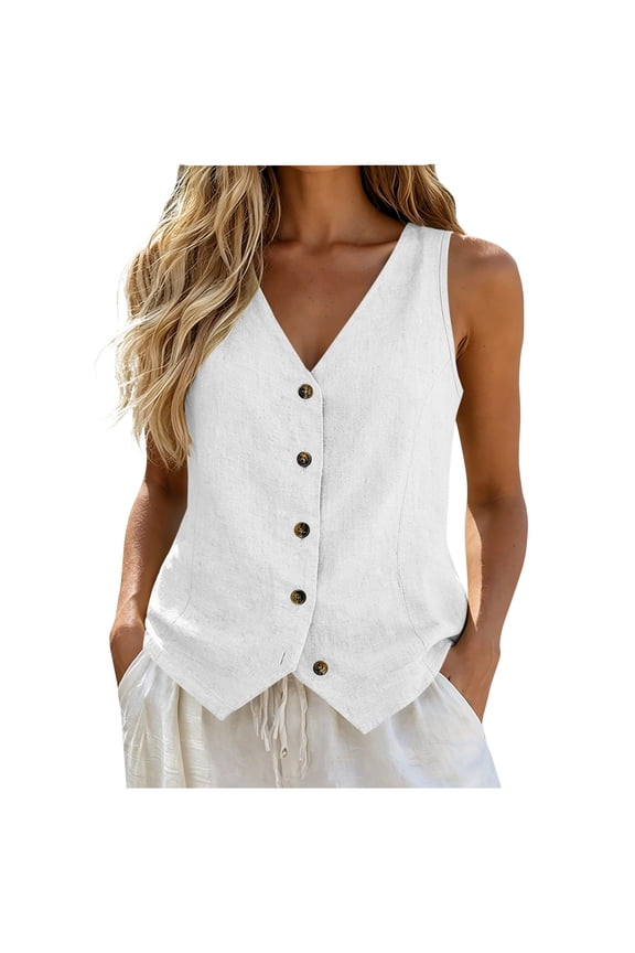 Women's Linen Vest V Neck Button Down Business Work Vacation Sleeveless Blazer Waistcoat Jacket