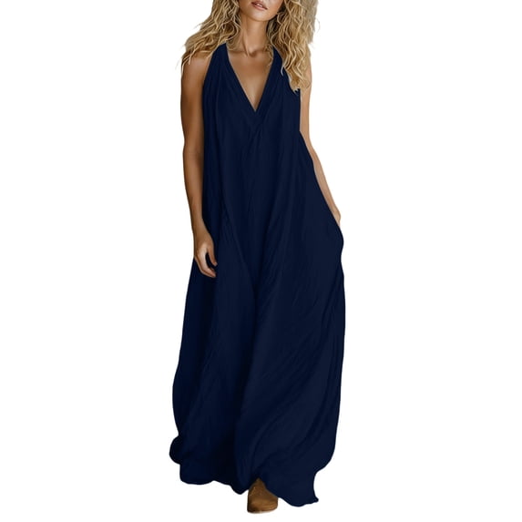 Ankola Women's Sleeveless V-Neck Maxi Dress with Pockets — Floor-Length Sundress for Summer Beach and Vacation