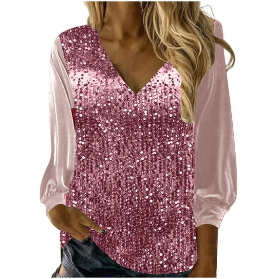 Ankola Women's Sparkle Sequin Tops Casual Long Sleeved Loose Printing T-Shirt Holiday Party Shimmer Blouse Shirts