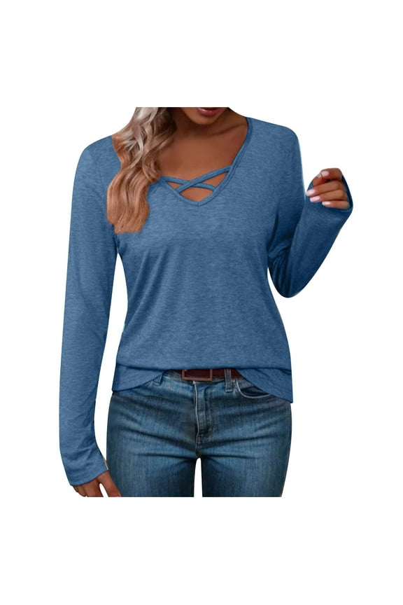 Womens 2024 Criss Cross V Neck Tops Long Sleeve Shirts Casual Dressy Blouses Basic Solid Loose Pullover Tees