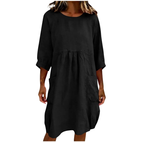 Ankola Womens Linen Cotton Midi Dresses Solid 3/4 Sleeves Maxi Casual Dress with Pockets