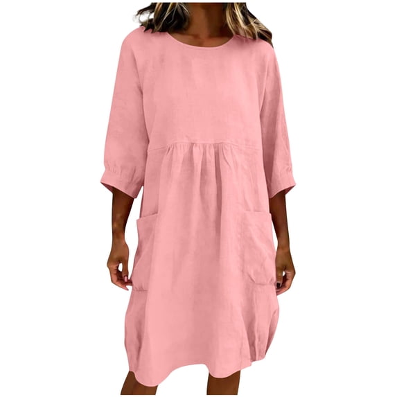 Ankola Womens Linen Cotton Midi Dresses Solid 3/4 Sleeves Maxi Casual Dress with Pockets