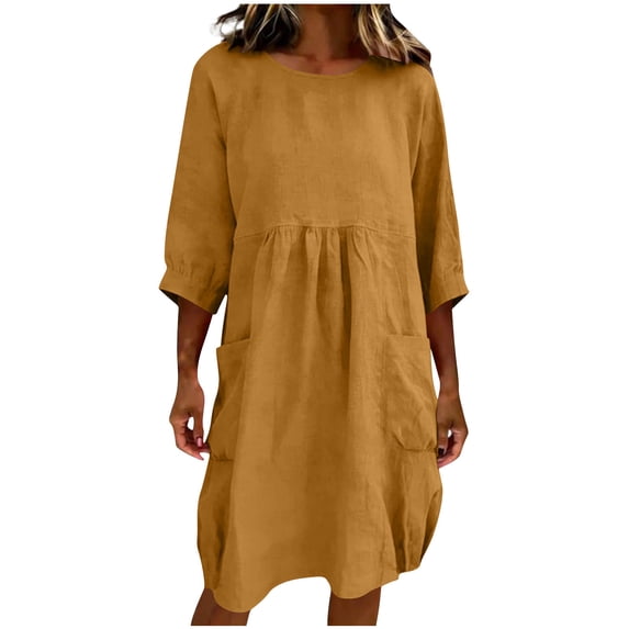Ankola Womens Linen Cotton Midi Dresses Solid 3/4 Sleeves Maxi Casual Dress with Pockets