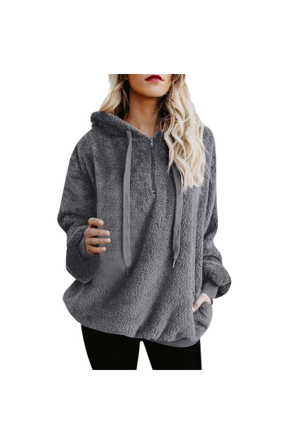 Womens Oversized Sherpa Fleece Hooded Pullover Fuzzy Fleece Sweatshirt Plain Fluffy Drawstring Coat with Pockets
