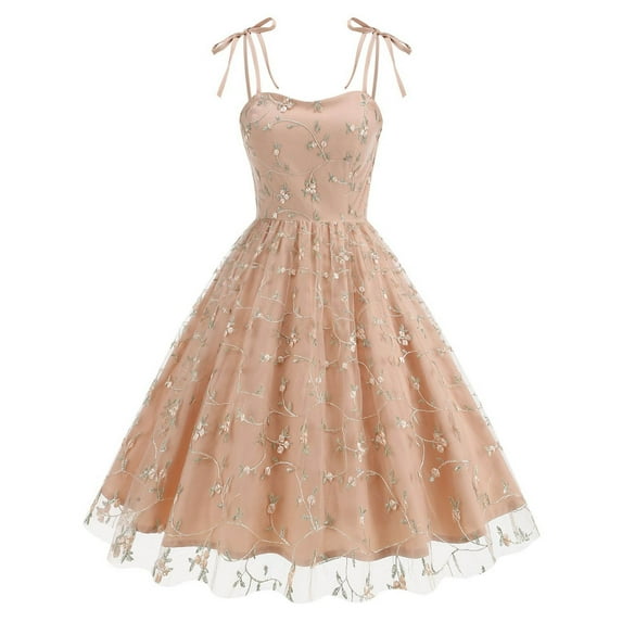 Ankola Womens Square Neck Tie Strap Tulle Prom Dress Vintage Embroidered Floral Formal Evening Party Cocktail Mini Dress