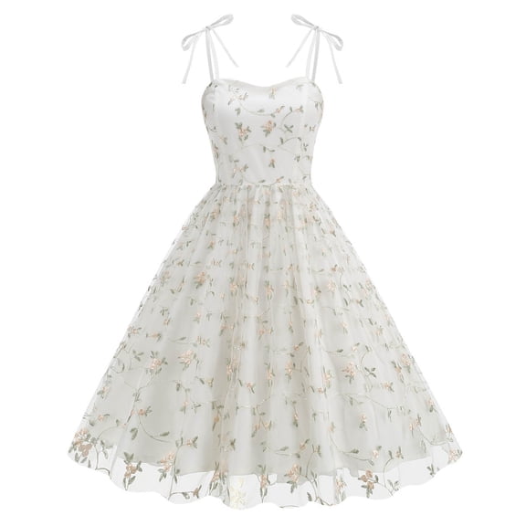Ankola Womens Square Neck Tie Strap Tulle Prom Dress Vintage Embroidered Floral Formal Evening Party Cocktail Mini Dress
