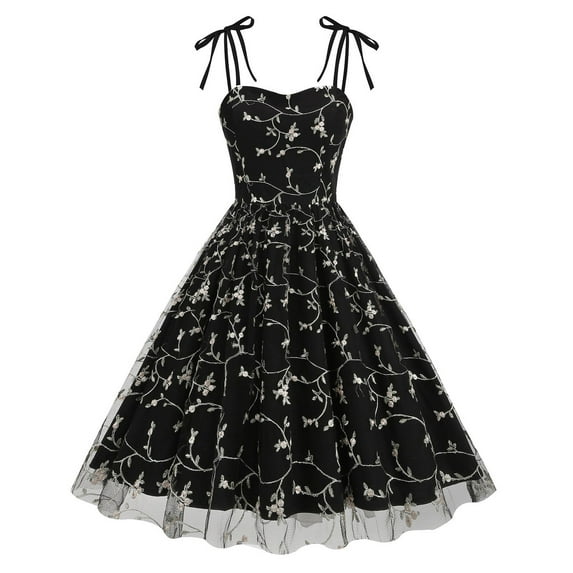 Ankola Womens Square Neck Tie Strap Tulle Prom Dress Vintage Embroidered Floral Formal Evening Party Cocktail Mini Dress