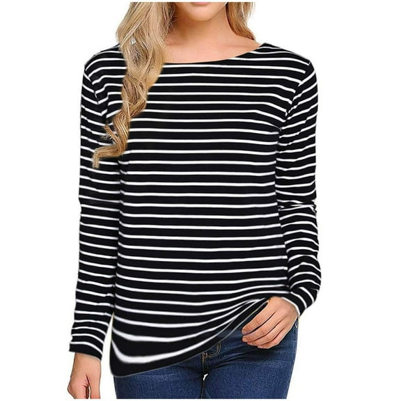 Ankola Womens Striped Printed Long Sleeve Shirt Casual Crew Neck Tops Fall Fashion Loose Fit Blouses Tops