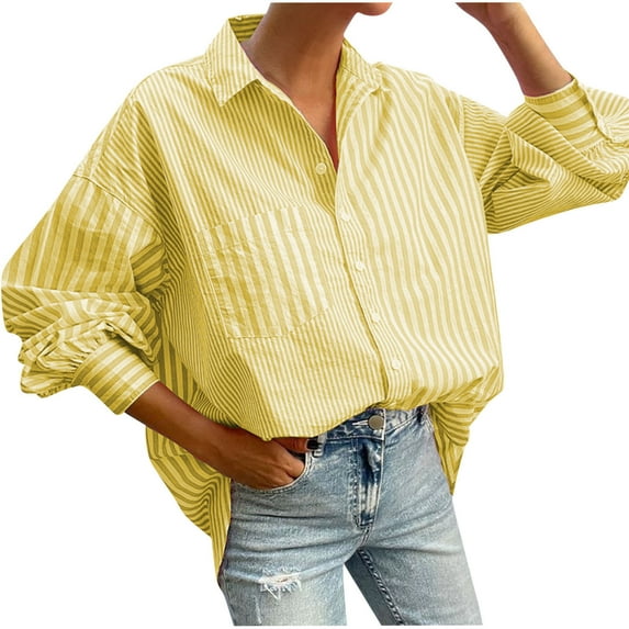 Ankola Womens Striped Tops Loose Fit Shirts Lapel Neck Oversized Office Work Blouses Casual Basic Shirt with Pockets