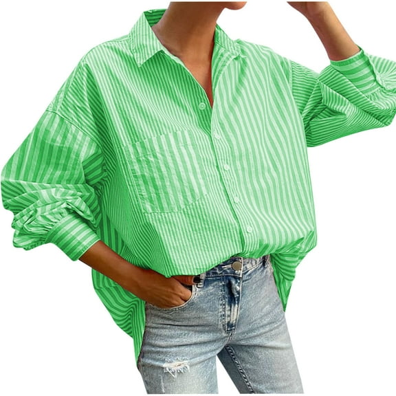 Ankola Womens Striped Tops Loose Fit Shirts Lapel Neck Oversized Office Work Blouses Casual Basic Shirt with Pockets