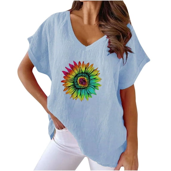 Ankola Womens Summer Tops 2024 Cotton Linen Plus Size V Neck Floral Ptinted Blouse Tops Casual Short Sleeve Oversized Tshirt