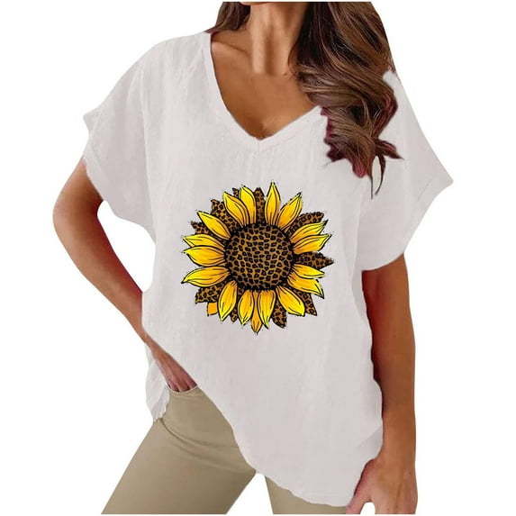 Ankola Womens Summer Tops 2024 Cotton Linen Plus Size V Neck Floral Ptinted Blouse Tops Casual Short Sleeve Oversized Tshirt