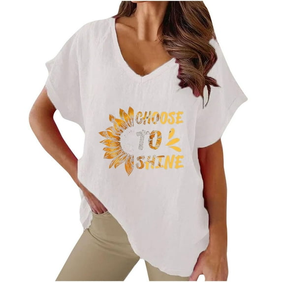 Ankola Womens Summer Tops 2024 Cotton Linen Plus Size V Neck Floral Ptinted Blouse Tops Casual Short Sleeve Oversized Tshirt