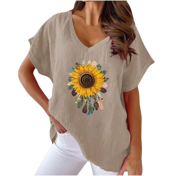 Ankola Womens Summer Tops 2024 Cotton Linen Plus Size V Neck Floral Ptinted Blouse Tops Casual Short Sleeve Oversized Tshirt