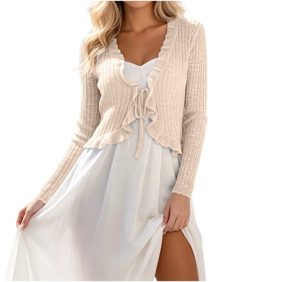 Ankola Womens Tie Front Cardigan Long Sleeve Rib Knit Shrug for Dress Sweaters Crop Tops