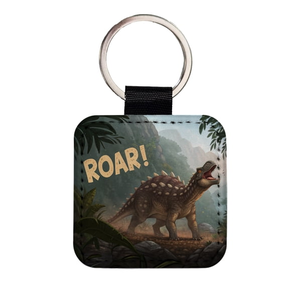 Ankylosaurus Roar Dinosaur Faux Leather Square Keychain